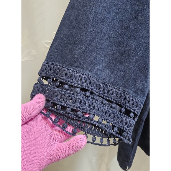 J Jill Womens 3X Navy Blue Top Linen Coastal Tunic Peasant Cottagecore Crochet - Picture 3 of 15